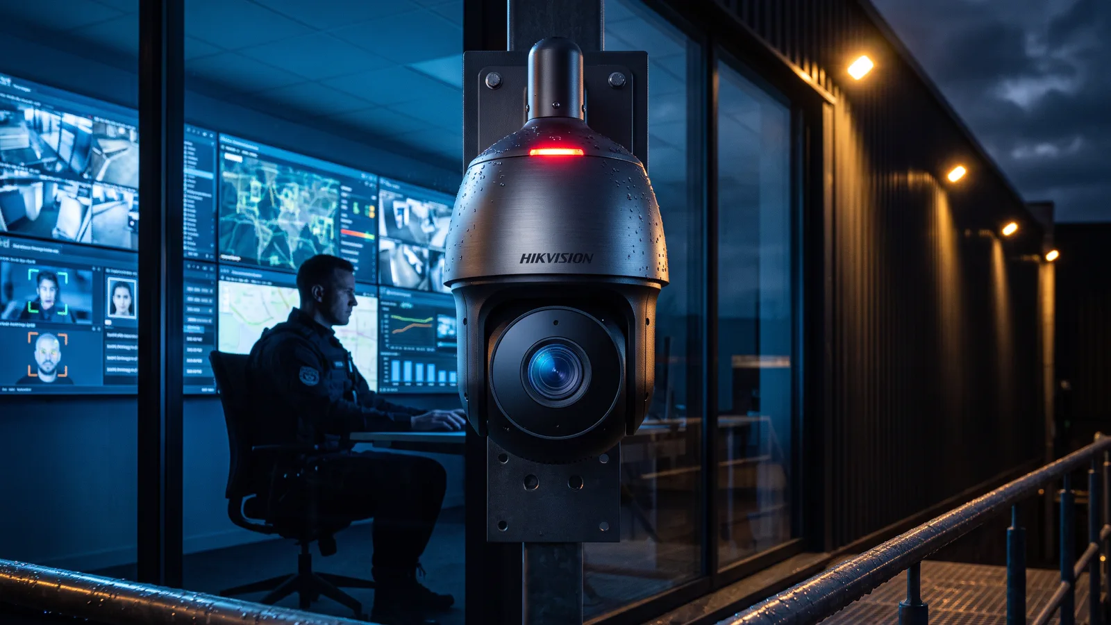 Câmera PTZ de vigilância instalada na fachada de um Centro de Controle Operacional, com operador monitorando o painel de câmeras e reconhecimento facial ao fundo